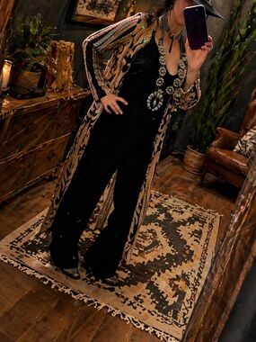 Embroidered Black & Tan Longline Duster Blazer